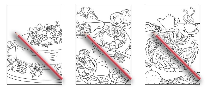 May include: Three black and white coloring pages featuring different desserts. The first page shows a cake with berries and leaves. The second page shows a tart with citrus fruit. The third page shows a tart with citrus fruit and a teapot.