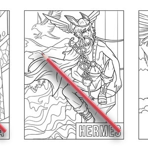 May include: Three black and white line drawings of mythological figures. The first image is of Hestia, the Greek goddess of the hearth, holding a torch. The second image is of Hermes, the Greek messenger god, with wings and a staff. The third image is of Icarus, a figure from Greek mythology, with wings, flying through the air.