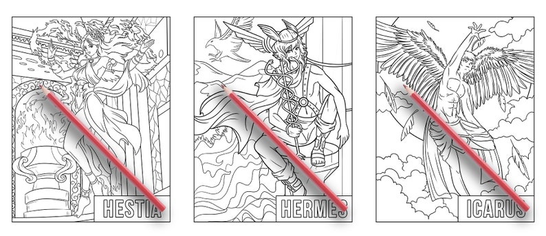 May include: Three black and white line drawings of mythological figures. The first image is of Hestia, the Greek goddess of the hearth, holding a torch. The second image is of Hermes, the Greek messenger god, with wings and a staff. The third image is of Icarus, a figure from Greek mythology, with wings, flying through the air.