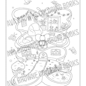 May include: A black and white line drawing of a butterfly-shaped house with a small door, windows, and a garden. The house has a chimney and a roof with a flower garland. There are butterflies and flowers around the house.