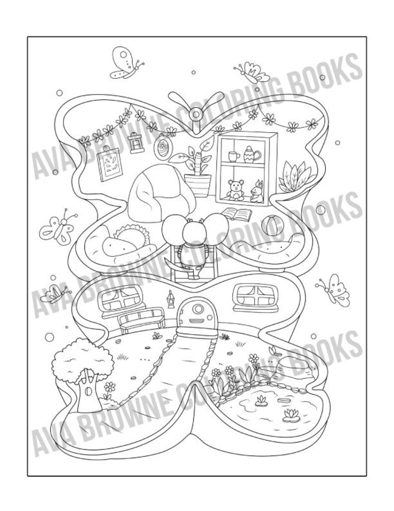 May include: A black and white line drawing of a butterfly-shaped house with a small door, windows, and a garden. The house has a chimney and a roof with a flower garland. There are butterflies and flowers around the house.