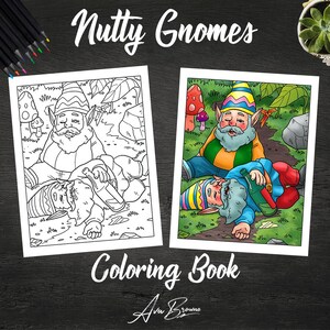 K&ouml;nnte beinhalten: Eine Malvorlage mit zwei Gnomen, einer sitzt und einer liegt, mit einer Flasche in der Hand. Der Titel des Buches lautet "Nutty Gnomes Coloring Book" und der Autor ist "Ava Browne".