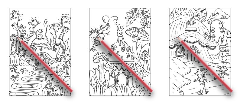Pode incluir: Tr&ecirc;s p&aacute;ginas para colorir em preto e branco com ilustra&ccedil;&otilde;es caprichosas de uma casa de chaleira, uma casa de cogumelo e uma casa de cogumelo com um boneco de neve do lado de fora. Cada p&aacute;gina tem um l&aacute;pis vermelho desenhado na diagonal.