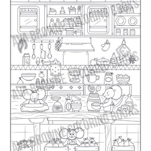 May include: A black and white line drawing of a kitchen with two mice. One mouse is baking and the other is mixing ingredients. There are shelves with jars and dishes, a stove, and a counter with a scale and a bowl. The mice are wearing aprons and have big smiles.