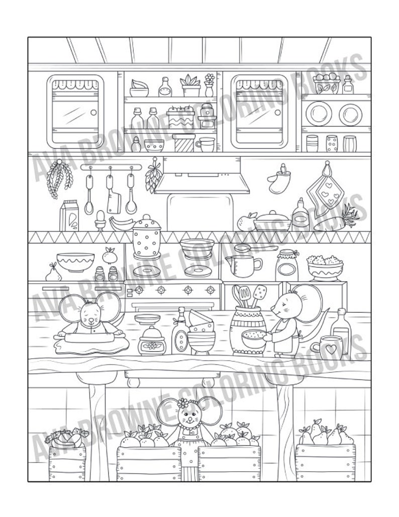 May include: A black and white line drawing of a kitchen with two mice. One mouse is baking and the other is mixing ingredients. There are shelves with jars and dishes, a stove, and a counter with a scale and a bowl. The mice are wearing aprons and have big smiles.