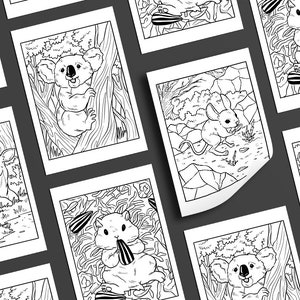 May include: A set of eight black and white colouring pages featuring various animals, including a koala, a deer, a mouse, and a hamster. Each animal is depicted in a natural setting with trees and foliage.