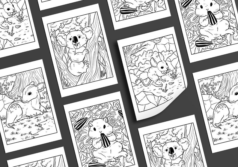 May include: A set of eight black and white colouring pages featuring various animals, including a koala, a deer, a mouse, and a hamster. Each animal is depicted in a natural setting with trees and foliage.