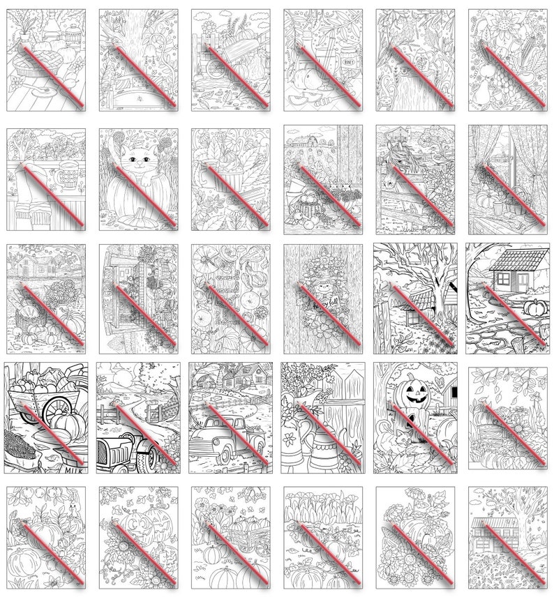 May include: A set of 25 black and white coloring pages featuring fall-themed scenes. The pages include images of pumpkins, gourds, scarecrows, farmhouses, and other autumnal elements.