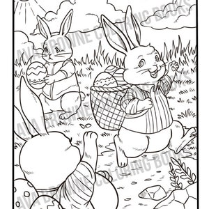 Peut inclure: Une page &agrave; colorier en noir et blanc repr&eacute;sentant trois lapins tenant des &oelig;ufs de P&acirc;ques. Les lapins portent des v&ecirc;tements et se trouvent dans un champ herbeux avec un panier d'&oelig;ufs.