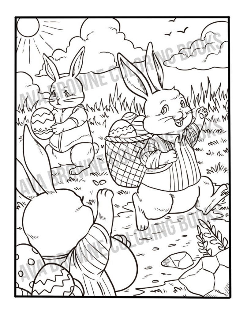 Peut inclure: Une page &agrave; colorier en noir et blanc repr&eacute;sentant trois lapins tenant des &oelig;ufs de P&acirc;ques. Les lapins portent des v&ecirc;tements et se trouvent dans un champ herbeux avec un panier d'&oelig;ufs.