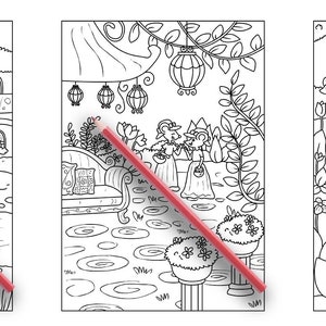 以下が含まれることがあります： 家、庭、キノコが描かれた、幻想的なシーンが3つの白黒の塗り絵。子供たちが色を塗って楽しめる、完璧なページです。