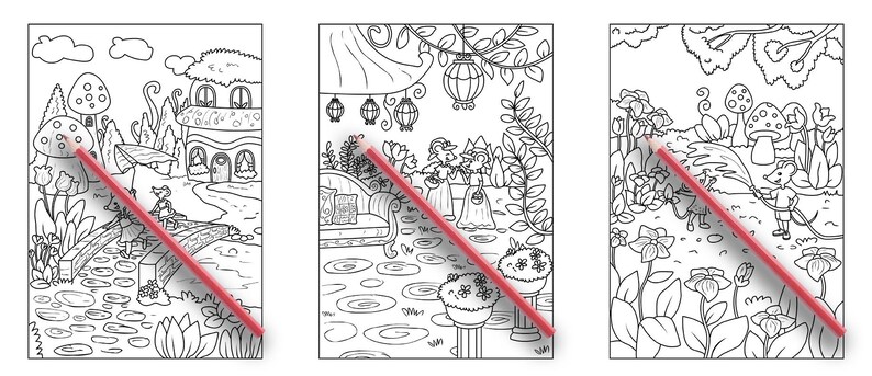 以下が含まれることがあります： 家、庭、キノコが描かれた、幻想的なシーンが3つの白黒の塗り絵。子供たちが色を塗って楽しめる、完璧なページです。