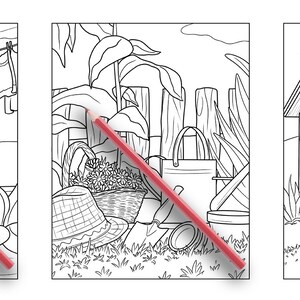 Puede incluir: Tres p&aacute;ginas para colorear en blanco y negro que representan una l&iacute;nea de ropa con ropa colgada, una escena de jard&iacute;n con un sombrero y una regadera, y una escena de granja con un granero, una carretilla y manzanas.