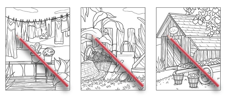 Puede incluir: Tres p&aacute;ginas para colorear en blanco y negro que representan una l&iacute;nea de ropa con ropa colgada, una escena de jard&iacute;n con un sombrero y una regadera, y una escena de granja con un granero, una carretilla y manzanas.