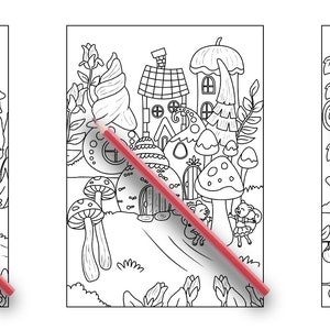 Pode incluir: Tr&ecirc;s p&aacute;ginas para colorir em preto e branco com casas caprichosas com telhados de cogumelo e jardins. Cada p&aacute;gina tem um l&aacute;pis vermelho em cima.