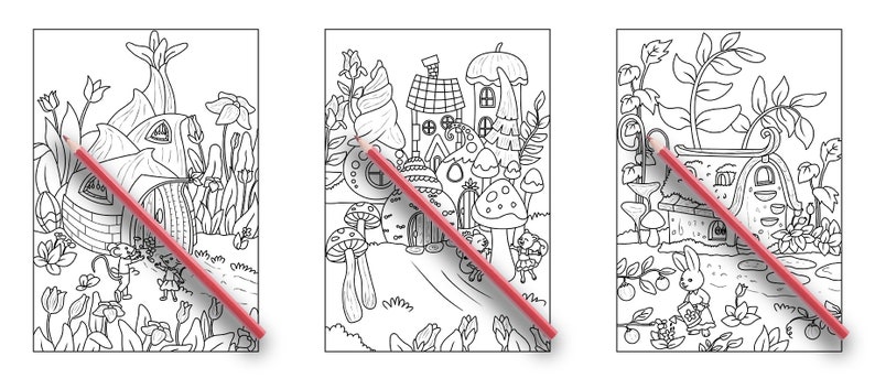 Pode incluir: Tr&ecirc;s p&aacute;ginas para colorir em preto e branco com casas caprichosas com telhados de cogumelo e jardins. Cada p&aacute;gina tem um l&aacute;pis vermelho em cima.