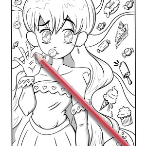 May include: Black and white line art of an anime-style character surrounded by sweets. A red colored pencil is diagonally across the image. The character is holding a lollipop and wearing a dress with heart details. Desserts include donuts, cake, and ice cream.