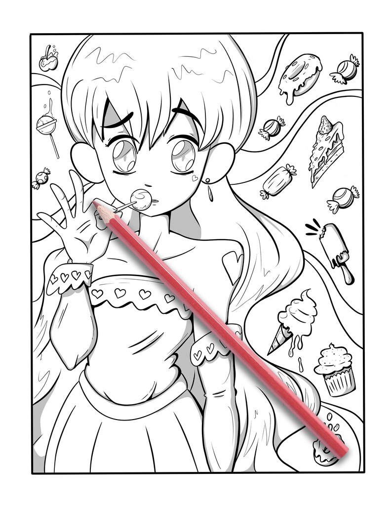 May include: Black and white line art of an anime-style character surrounded by sweets. A red colored pencil is diagonally across the image. The character is holding a lollipop and wearing a dress with heart details. Desserts include donuts, cake, and ice cream.