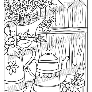 May include: A black and white line drawing of a teapot and a pitcher with flowers in a vase. The scene is set in front of a wooden fence with a bird flying overhead.