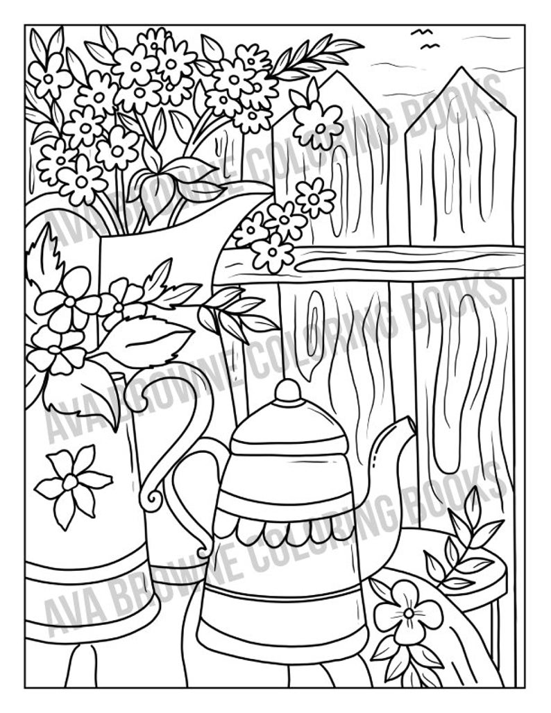 May include: A black and white line drawing of a teapot and a pitcher with flowers in a vase. The scene is set in front of a wooden fence with a bird flying overhead.