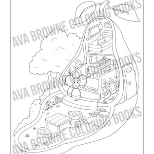May include: A black and white line drawing of a pear shaped house with a mouse standing in the doorway. The house has a kitchen, bedroom, and living room inside. The house is surrounded by a small garden with a table and chairs.
