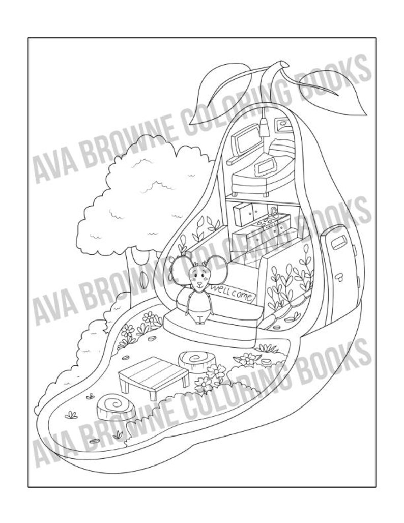 May include: A black and white line drawing of a pear shaped house with a mouse standing in the doorway. The house has a kitchen, bedroom, and living room inside. The house is surrounded by a small garden with a table and chairs.
