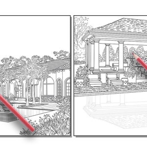 Peut inclure: Un dessin au trait noir et blanc d'une maison avec une piscine et des am&eacute;nagements paysagers. La maison a une grande v&eacute;randa avec des colonnes et un toit &agrave; pignon. La piscine est rectangulaire et entour&eacute;e d'une cl&ocirc;ture. L'am&eacute;nagement paysager comprend des arbres, des buissons et des fleurs.
