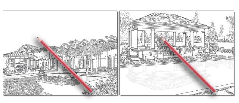 Peut inclure: Un dessin au trait noir et blanc d'une maison avec une piscine et des am&eacute;nagements paysagers. La maison a une grande v&eacute;randa avec des colonnes et un toit &agrave; pignon. La piscine est rectangulaire et entour&eacute;e d'une cl&ocirc;ture. L'am&eacute;nagement paysager comprend des arbres, des buissons et des fleurs.