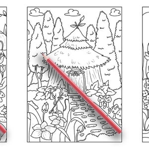May include: Three black and white coloring pages featuring whimsical houses in a forest setting. Each page depicts a different style of house with a path leading to it. The houses are surrounded by trees, flowers, and other natural elements.