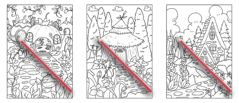 May include: Three black and white coloring pages featuring whimsical houses in a forest setting. Each page depicts a different style of house with a path leading to it. The houses are surrounded by trees, flowers, and other natural elements.