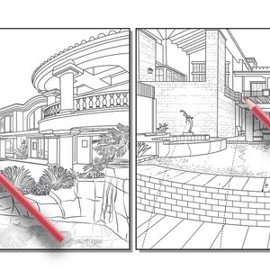 Peut inclure: Un dessin au trait noir et blanc d'une maison moderne avec une piscine et un am&eacute;nagement paysager. La maison a un toit incurv&eacute; et une grande terrasse. La piscine est entour&eacute;e d'un mur de briques et poss&egrave;de une petite fontaine au centre.