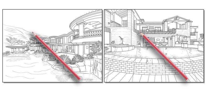 Peut inclure: Un dessin au trait noir et blanc d'une maison moderne avec une piscine et un am&eacute;nagement paysager. La maison a un toit incurv&eacute; et une grande terrasse. La piscine est entour&eacute;e d'un mur de briques et poss&egrave;de une petite fontaine au centre.