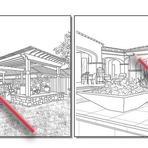Peut inclure: Dessin au trait noir et blanc d'un ext&eacute;rieur de maison avec un patio et un foyer. Le dessin est sur fond blanc.