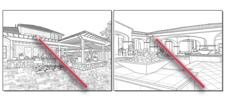 Peut inclure: Dessin au trait noir et blanc d'un ext&eacute;rieur de maison avec un patio et un foyer. Le dessin est sur fond blanc.