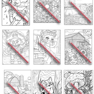 May include: Nine black and white coloring pages featuring various animals and scenes. The pages include a cat wearing a pirate hat, a cat wearing a bow, a raccoon, a mushroom, a barn, and a sunflower.