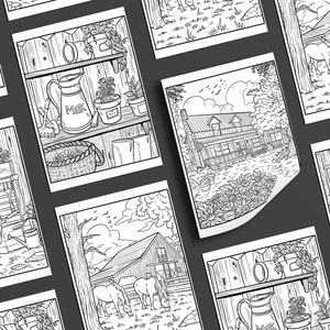 May include: A set of eight black and white colouring pages featuring various scenes from a farm. The scenes include a farmhouse, a barn, a garden, and a shed. The pages are perfect for adults and children who enjoy colouring.