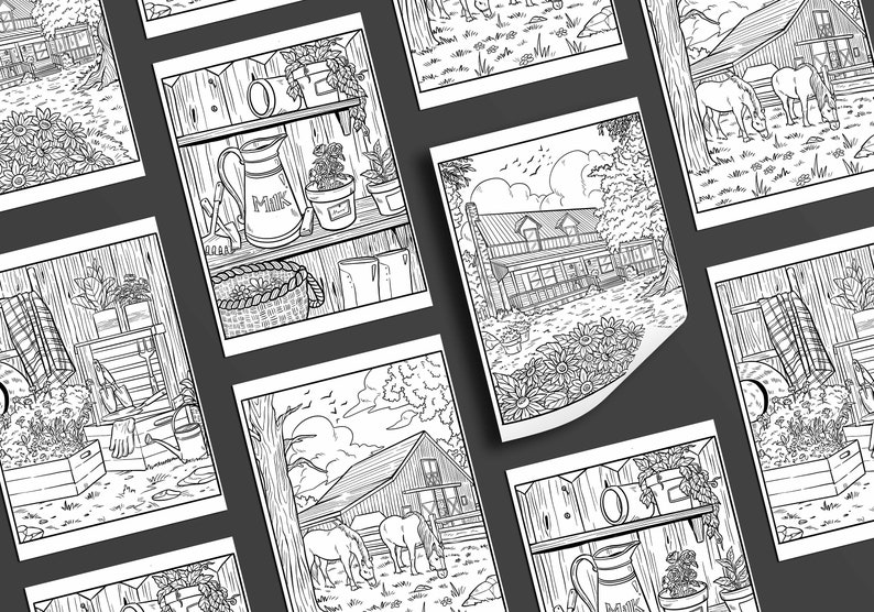 May include: A set of eight black and white colouring pages featuring various scenes from a farm. The scenes include a farmhouse, a barn, a garden, and a shed. The pages are perfect for adults and children who enjoy colouring.