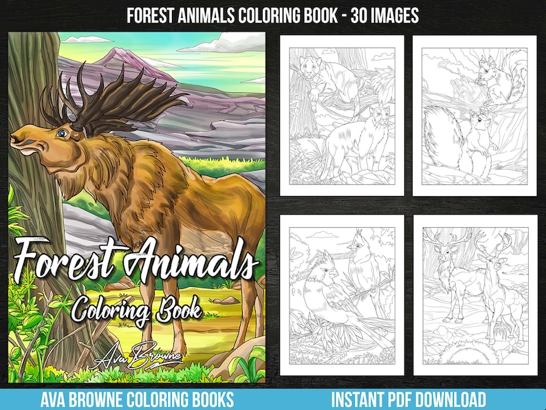 Ava Browne Coloring Books | Forest Animals Coloring Book, Adult Coloring Book Gift For Women, Teens, Girls. Wolves, Bears, Deer PDF DOWNLOAD image 1