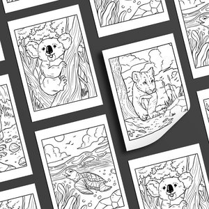 May include: A set of eight black and white colouring pages featuring various animals, including a koala, a lion cub, a squirrel, and a turtle. Each page has a simple design and is perfect for children to colour.