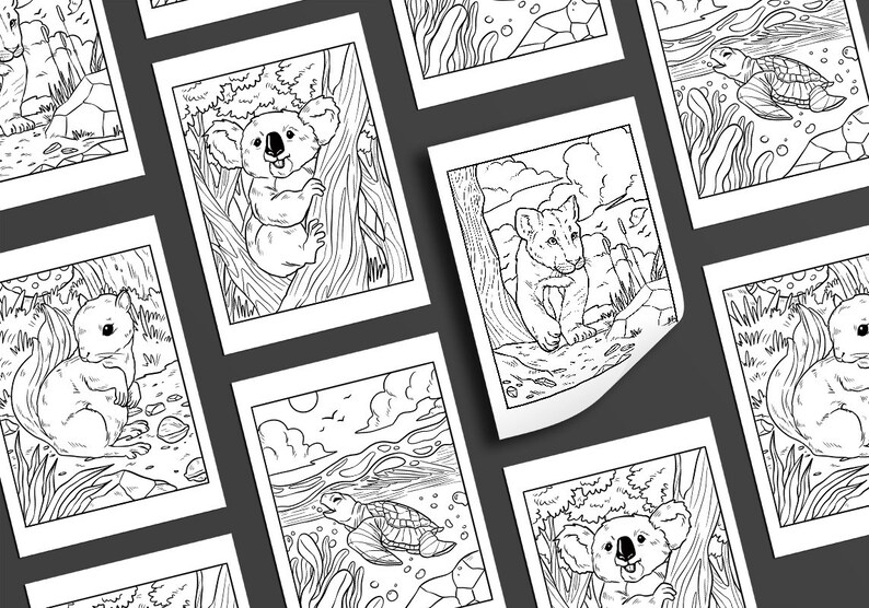May include: A set of eight black and white colouring pages featuring various animals, including a koala, a lion cub, a squirrel, and a turtle. Each page has a simple design and is perfect for children to colour.