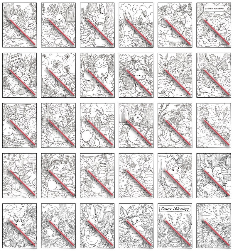 Peut inclure: Un ensemble de 25 pages &agrave; colorier en noir et blanc repr&eacute;sentant des lapins de P&acirc;ques, des &oelig;ufs et d'autres images sur le th&egrave;me du printemps. Les pages sont parfaites pour les adultes et les enfants qui aiment colorier.