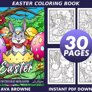 Peut inclure: Un livre de coloriage de 30 pages avec des illustrations sur le th&egrave;me de P&acirc;ques de lapins, d'&oelig;ufs et de fleurs. La couverture pr&eacute;sente un lapin assis dans un &oelig;uf avec le mot "Easter" &eacute;crit en dessous. Le livre est intitul&eacute; "Easter Coloring Book" et indique "T&eacute;l&eacute;chargement instantan&eacute; PDF".