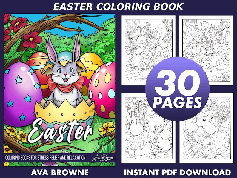 Peut inclure: Un livre de coloriage de 30 pages avec des illustrations sur le th&egrave;me de P&acirc;ques de lapins, d'&oelig;ufs et de fleurs. La couverture pr&eacute;sente un lapin assis dans un &oelig;uf avec le mot "Easter" &eacute;crit en dessous. Le livre est intitul&eacute; "Easter Coloring Book" et indique "T&eacute;l&eacute;chargement instantan&eacute; PDF".