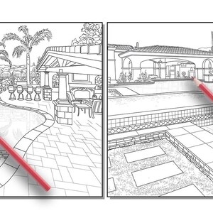 Peut inclure: Un dessin en noir et blanc d'une piscine et d'une terrasse de jardin. Le dessin montre une grande piscine avec un bord incurv&eacute;, une terrasse avec un barbecue et un coin salon, et un jardin luxuriant avec des palmiers.