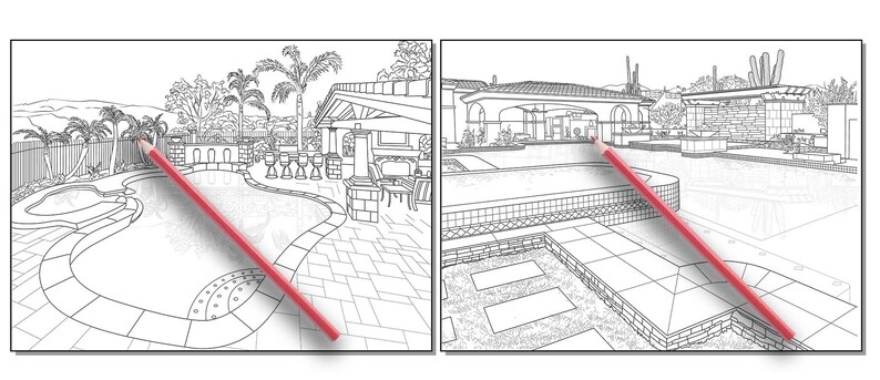 Peut inclure: Un dessin en noir et blanc d'une piscine et d'une terrasse de jardin. Le dessin montre une grande piscine avec un bord incurv&eacute;, une terrasse avec un barbecue et un coin salon, et un jardin luxuriant avec des palmiers.
