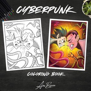 May include: A black and white coloring page and a colored version of a cyberpunk illustration. The illustration features two characters with glowing eyes and a mechanical arm, facing each other with a menacing expression. The background is a vibrant orange and red with a swirling pattern.