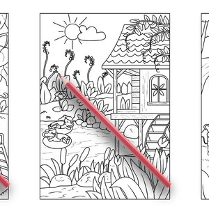 以下が含まれることがあります： スイングセット、家、ガゼボのある庭の幻想的なシーンを描いた、白黒の塗り絵3枚。各ページには赤い鉛筆が置かれています。