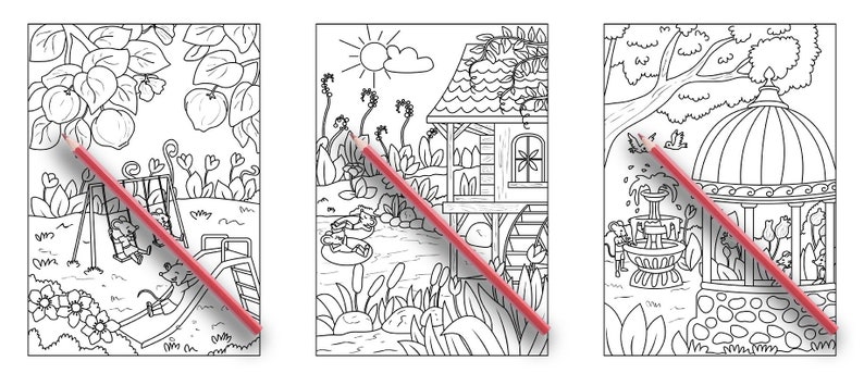 以下が含まれることがあります： スイングセット、家、ガゼボのある庭の幻想的なシーンを描いた、白黒の塗り絵3枚。各ページには赤い鉛筆が置かれています。