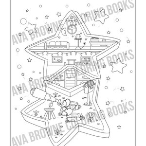 May include: A black and white line drawing of a star-shaped house with a mouse looking through a telescope. The house has a bedroom, a living room, and a backyard. There are stars in the background.