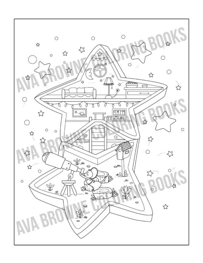 May include: A black and white line drawing of a star-shaped house with a mouse looking through a telescope. The house has a bedroom, a living room, and a backyard. There are stars in the background.